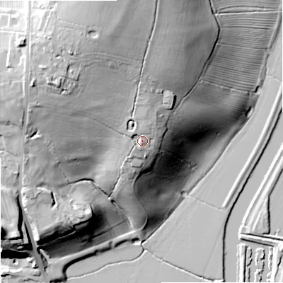 Shaded relief map of the ground around GL206EA, computed from Environment Agency LiDAR. The ground here sits at about 35 m above sea level and falls 37 m across the surrounding 800 m. Surface water reaching this point runs off ground lying to the north, 3.0 m higher.