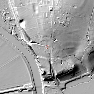 Shaded relief map of the ground around GL206EB, computed from Environment Agency LiDAR. The ground here sits at about 33 m above sea level and falls 38 m across the surrounding 800 m. Surface water reaching this point runs off ground lying to the north, 7.5 m higher.