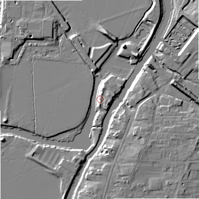 Shaded relief map of the ground around GL206EG, computed from Environment Agency LiDAR. The ground here sits at about 12 m above sea level and falls 10 m across the surrounding 800 m. Surface water reaching this point runs off ground lying to the east-north-east, 9.1 m higher.