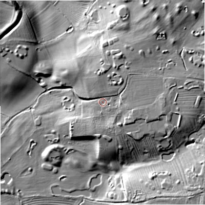 Shaded relief map of the ground around GL206EL, computed from Environment Agency LiDAR. The ground here sits at about 31 m above sea level and falls 21 m across the surrounding 800 m. Surface water reaching this point runs off ground lying to the north-north-east, 5.5 m higher.