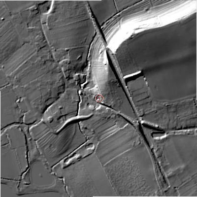 Shaded relief map of the ground around GL206EP, computed from Environment Agency LiDAR. The ground here sits at about 15 m above sea level and falls 23 m across the surrounding 800 m. Surface water reaching this point runs off ground lying to the north-north-east, 12.3 m higher.