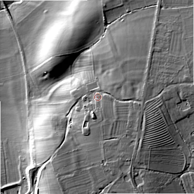 Shaded relief map of the ground around GL206EQ, computed from Environment Agency LiDAR. The ground here sits at about 31 m above sea level and falls 26 m across the surrounding 800 m. Surface water reaching this point runs off ground lying to the east, 4.4 m higher.