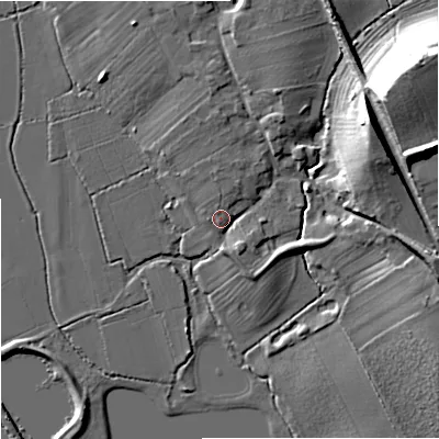 Shaded relief map of the ground around GL206ER, computed from Environment Agency LiDAR. The ground here sits at about 12 m above sea level and falls 23 m across the surrounding 800 m. Surface water reaching this point runs off ground lying to the north, 1.6 m higher.