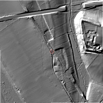 Shaded relief map of the ground around GL206EW, computed from Environment Agency LiDAR. The ground here sits at about 17 m above sea level and falls 26 m across the surrounding 800 m. Surface water reaching this point runs off ground lying to the north, 1.6 m higher.