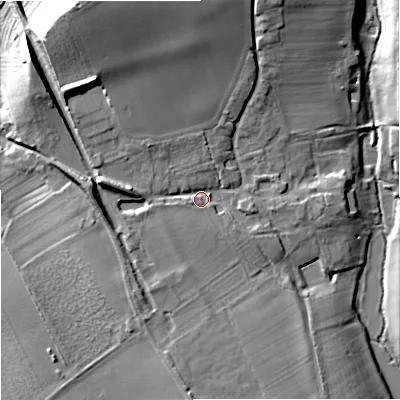 Shaded relief map of the ground around GL206EY, computed from Environment Agency LiDAR. The ground here sits at about 18 m above sea level and falls 21 m across the surrounding 800 m. Surface water reaching this point runs off ground lying to the north-north-west, 15.9 m higher.