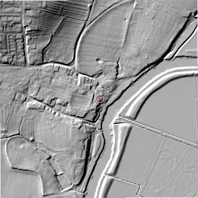 Shaded relief map of the ground around GL206FL, computed from Environment Agency LiDAR. The ground here sits at about 14 m above sea level and falls 25 m across the surrounding 800 m. Surface water reaching this point runs off ground lying to the south-west, 4.2 m higher.