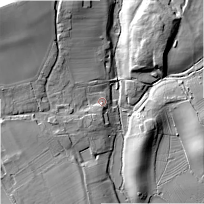 Shaded relief map of the ground around GL206HA, computed from Environment Agency LiDAR. The ground here sits at about 15 m above sea level and falls 20 m across the surrounding 800 m. Surface water reaching this point runs off ground lying to the north-west, 16.1 m higher.