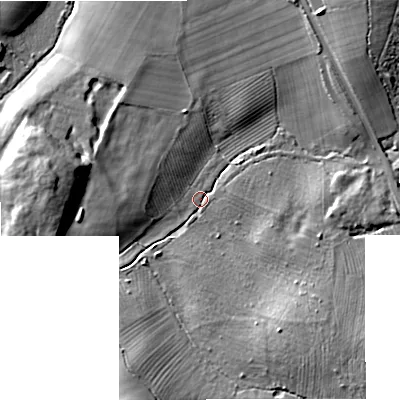 Shaded relief map of the ground around GL206HB, computed from Environment Agency LiDAR. The ground here sits at about 14 m above sea level and falls 15 m across the surrounding 800 m. Surface water reaching this point runs off ground lying to the north-east, 8.8 m higher.
