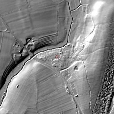 Shaded relief map of the ground around GL206HD, computed from Environment Agency LiDAR. The ground here sits at about 15 m above sea level and falls 20 m across the surrounding 800 m. Surface water reaching this point runs off ground lying to the south-east, 2.3 m higher.