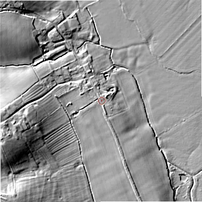Shaded relief map of the ground around GL206HR, computed from Environment Agency LiDAR. The ground here sits at about 14 m above sea level and falls 20 m across the surrounding 800 m. Surface water reaching this point runs off ground lying to the west-south-west, 12.5 m higher.