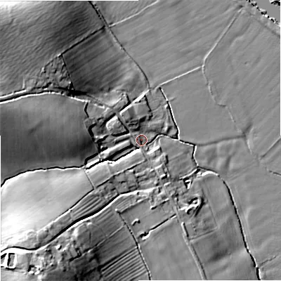 Shaded relief map of the ground around GL206HT, computed from Environment Agency LiDAR. The ground here sits at about 12 m above sea level and falls 19 m across the surrounding 800 m. Surface water reaching this point runs off ground lying to the south-west, 16.3 m higher.