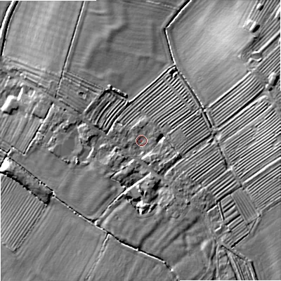 Shaded relief map of the ground around GL207AB, computed from Environment Agency LiDAR. The ground here sits at about 19 m above sea level and falls 11 m across the surrounding 800 m. Surface water reaching this point runs off ground lying to the south-south-east, 1.6 m higher.