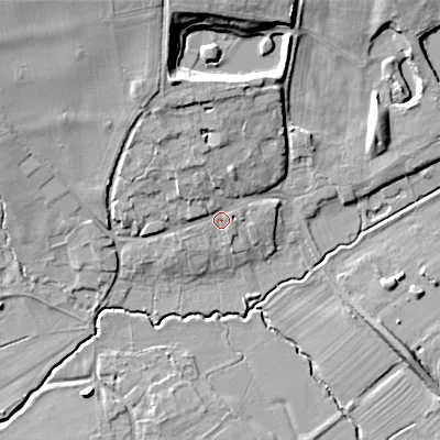 Shaded relief map of the ground around GL207AD, computed from Environment Agency LiDAR. The ground here sits at about 34 m above sea level and falls 16 m across the surrounding 800 m. Surface water reaching this point runs off ground lying to the north-north-west, 4.0 m higher.
