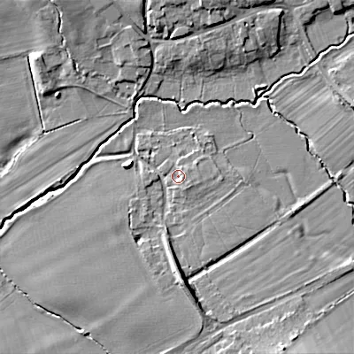 Shaded relief map of the ground around GL207AF, computed from Environment Agency LiDAR. The ground here sits at about 31 m above sea level and falls 11 m across the surrounding 800 m. Surface water reaching this point runs off ground lying to the south-east, 1.5 m higher.
