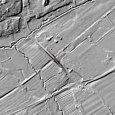 Shaded relief map of the ground around GL207AN, computed from Environment Agency LiDAR. The ground here sits at about 33 m above sea level and falls 9 m across the surrounding 800 m. Surface water reaching this point runs off ground lying to the west, 5.0 m higher.