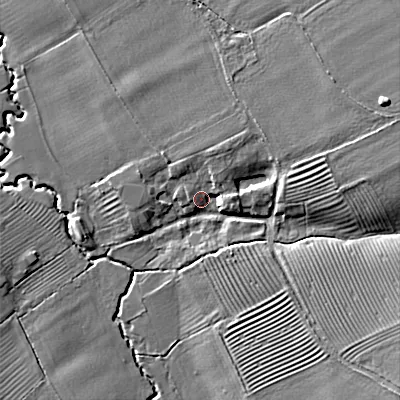 Shaded relief map of the ground around GL207AR, computed from Environment Agency LiDAR. The ground here sits at about 38 m above sea level and falls 14 m across the surrounding 800 m. Surface water reaching this point runs off ground lying to the east-north-east, 6.3 m higher.