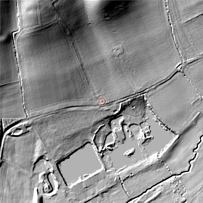 Shaded relief map of the ground around GL207AU, computed from Environment Agency LiDAR. The ground here sits at about 40 m above sea level and falls 38 m across the surrounding 800 m. Surface water reaching this point runs off ground lying to the north-north-west, 30.6 m higher.