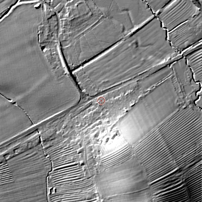 Shaded relief map of the ground around GL207AW, computed from Environment Agency LiDAR. The ground here sits at about 34 m above sea level and falls 22 m across the surrounding 800 m. Surface water reaching this point runs off ground lying to the south-south-east, 15.6 m higher.