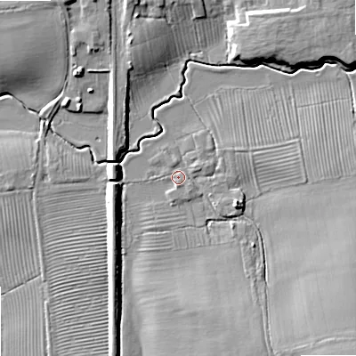 Shaded relief map of the ground around GL207BG, computed from Environment Agency LiDAR. The ground here sits at about 15 m above sea level and falls 9 m across the surrounding 800 m. Surface water reaching this point runs off ground lying to the south-east, 7.0 m higher.