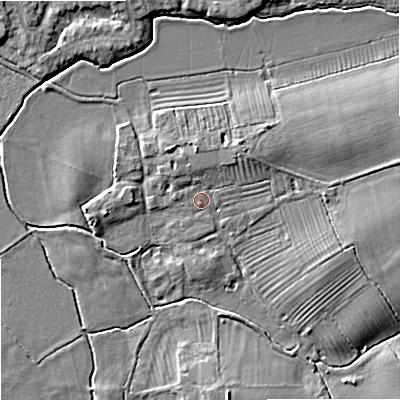 Shaded relief map of the ground around GL207BL, computed from Environment Agency LiDAR. The ground here sits at about 13 m above sea level and falls 6 m across the surrounding 800 m. Surface water reaching this point runs off ground lying to the north-east, 2.1 m higher.