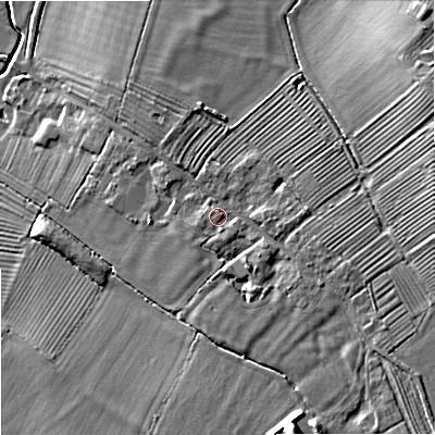 Shaded relief map of the ground around GL207BP, computed from Environment Agency LiDAR. The ground here sits at about 20 m above sea level and falls 14 m across the surrounding 800 m. Surface water reaching this point runs off ground lying to the south-east, 3.4 m higher.