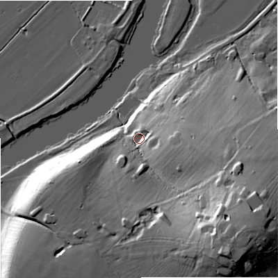 Shaded relief map of the ground around GL207DP, computed from Environment Agency LiDAR. The ground here sits at about 17 m above sea level and falls 38 m across the surrounding 800 m. Surface water reaching this point runs off ground lying to the south-east, 30.0 m higher.