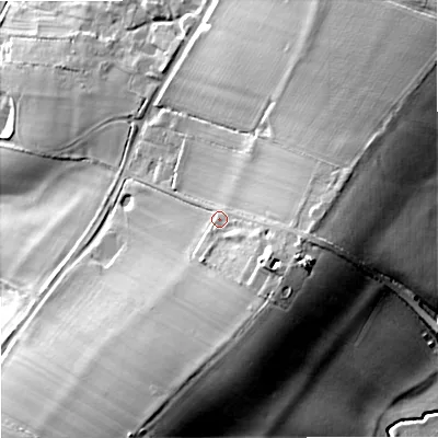 Shaded relief map of the ground around GL207ED, computed from Environment Agency LiDAR. The ground here sits at about 28 m above sea level and falls 22 m across the surrounding 800 m. Surface water reaching this point runs off ground lying to the south-east, 6.7 m higher.