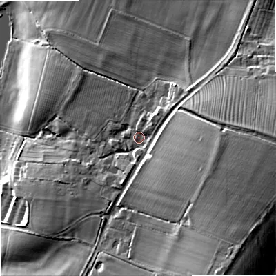 Shaded relief map of the ground around GL207EE, computed from Environment Agency LiDAR. The ground here sits at about 24 m above sea level and falls 23 m across the surrounding 800 m. Surface water reaching this point runs off ground lying to the east-south-east, 11.0 m higher.