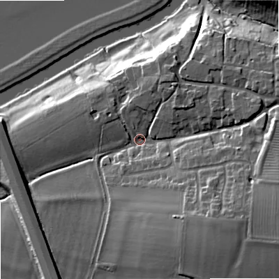 Shaded relief map of the ground around GL207EG, computed from Environment Agency LiDAR. The ground here sits at about 20 m above sea level and falls 24 m across the surrounding 800 m. Surface water reaching this point runs off ground lying to the south-east, 13.3 m higher.