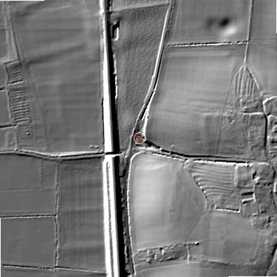 Shaded relief map of the ground around GL207HD, computed from Environment Agency LiDAR. The ground here sits at about 17 m above sea level and falls 26 m across the surrounding 800 m. Surface water reaching this point runs off ground lying to the east, 20.1 m higher.