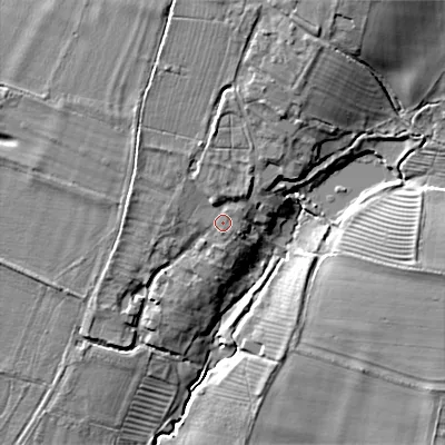 Shaded relief map of the ground around GL207HY, computed from Environment Agency LiDAR. The ground here sits at about 42 m above sea level and falls 21 m across the surrounding 800 m. Surface water reaching this point runs off ground lying to the north-north-east, 6.1 m higher.