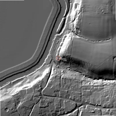 Shaded relief map of the ground around GL207LG, computed from Environment Agency LiDAR. The ground here sits at about 14 m above sea level and falls 25 m across the surrounding 800 m. Surface water reaching this point runs off ground lying to the east-north-east, 13.4 m higher.