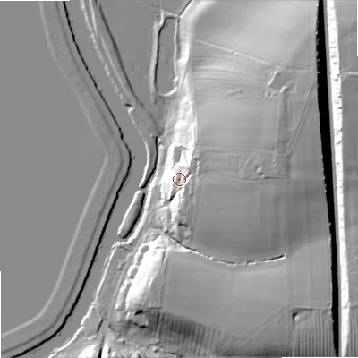 Shaded relief map of the ground around GL207LQ, computed from Environment Agency LiDAR. The ground here sits at about 21 m above sea level and falls 26 m across the surrounding 800 m. Surface water reaching this point runs off ground lying to the east, 18.3 m higher.