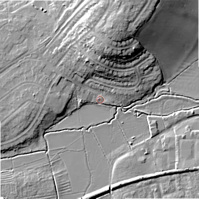 Shaded relief map of the ground around GL208BJ, computed from Environment Agency LiDAR. The ground here sits at about 13 m above sea level and falls 21 m across the surrounding 800 m. Surface water reaching this point runs off ground lying to the north, 11.3 m higher.