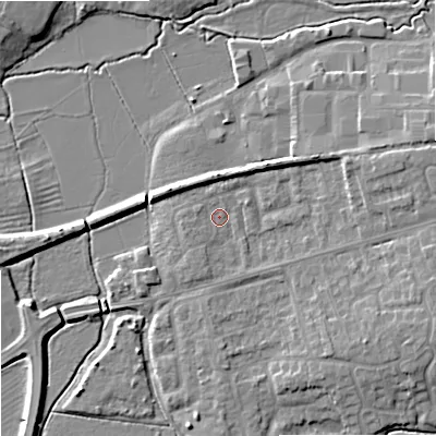 Shaded relief map of the ground around GL208BP, computed from Environment Agency LiDAR. The ground here sits at about 13 m above sea level and falls 7 m across the surrounding 800 m. Surface water reaching this point runs off ground lying to the west-south-west, 1.4 m higher.