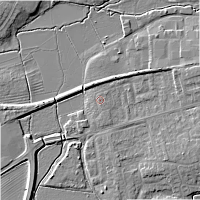 Shaded relief map of the ground around GL208BS, computed from Environment Agency LiDAR. The ground here sits at about 13 m above sea level and falls 7 m across the surrounding 800 m. Surface water reaching this point runs off ground lying to the south-south-east, 0.9 m higher.