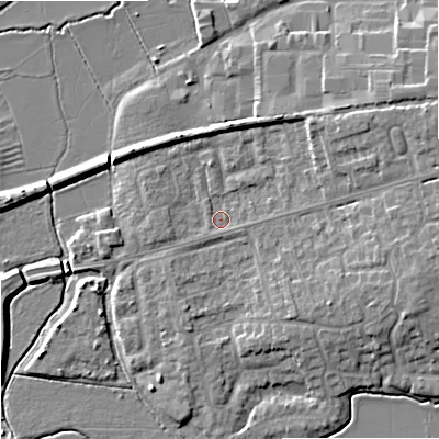 Shaded relief map of the ground around GL208BT, computed from Environment Agency LiDAR. The ground here sits at about 13 m above sea level and falls 7 m across the surrounding 800 m. Surface water reaching this point runs off ground lying to the east-north-east, 5.1 m higher.