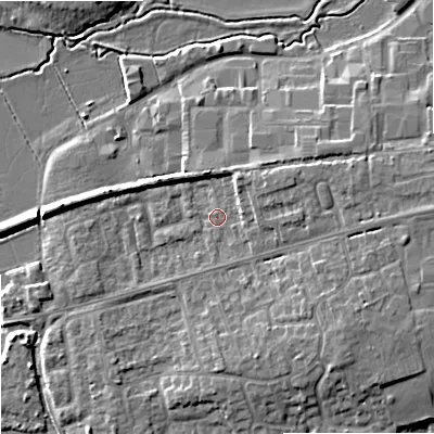 Shaded relief map of the ground around GL208BU, computed from Environment Agency LiDAR. The ground here sits at about 13 m above sea level and falls 8 m across the surrounding 800 m. Surface water reaching this point runs off ground lying to the east, 5.3 m higher.