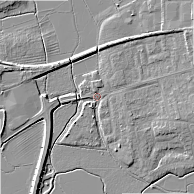 Shaded relief map of the ground around GL208BW, computed from Environment Agency LiDAR. The ground here sits at about 12 m above sea level and falls 6 m across the surrounding 800 m. Surface water reaching this point runs off ground lying to the north-east, 3.9 m higher.
