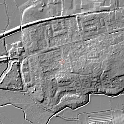 Shaded relief map of the ground around GL208DX, computed from Environment Agency LiDAR. The ground here sits at about 14 m above sea level and falls 8 m across the surrounding 800 m. Surface water reaching this point runs off ground lying to the south-east, 2.1 m higher.