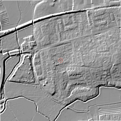 Shaded relief map of the ground around GL208EA, computed from Environment Agency LiDAR. The ground here sits at about 13 m above sea level and falls 8 m across the surrounding 800 m. Surface water reaching this point runs off ground lying to the east, 4.9 m higher.