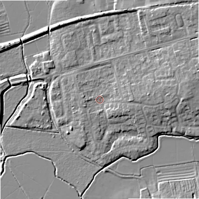 Shaded relief map of the ground around GL208EB, computed from Environment Agency LiDAR. The ground here sits at about 13 m above sea level and falls 8 m across the surrounding 800 m. Surface water reaching this point runs off ground lying to the east, 3.4 m higher.