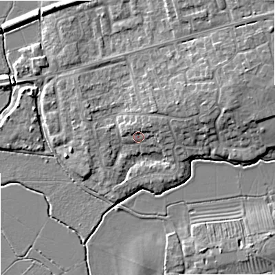 Shaded relief map of the ground around GL208EF, computed from Environment Agency LiDAR. The ground here sits at about 13 m above sea level and falls 8 m across the surrounding 800 m. Surface water reaching this point runs off ground lying to the north-east, 2.5 m higher.