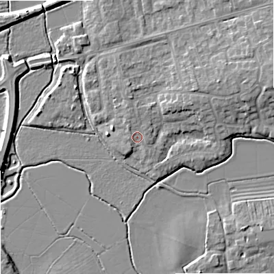 Shaded relief map of the ground around GL208EH, computed from Environment Agency LiDAR. The ground here sits at about 13 m above sea level and falls 7 m across the surrounding 800 m. Surface water reaching this point runs off ground lying to the north-west, 1.0 m higher.
