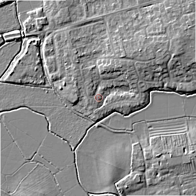 Shaded relief map of the ground around GL208EJ, computed from Environment Agency LiDAR. The ground here sits at about 13 m above sea level and falls 8 m across the surrounding 800 m. Surface water reaching this point runs off ground lying to the north-west, 1.8 m higher.