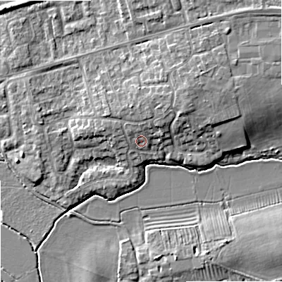 Shaded relief map of the ground around GL208EL, computed from Environment Agency LiDAR. The ground here sits at about 14 m above sea level and falls 8 m across the surrounding 800 m. Surface water reaching this point runs off ground lying to the north-north-east, 1.8 m higher.