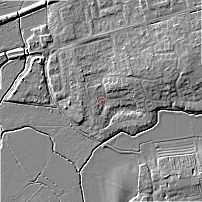Shaded relief map of the ground around GL208EQ, computed from Environment Agency LiDAR. The ground here sits at about 13 m above sea level and falls 8 m across the surrounding 800 m. Surface water reaching this point runs off ground lying to the north-east, 2.6 m higher.
