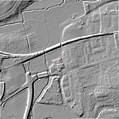 Shaded relief map of the ground around GL208ER, computed from Environment Agency LiDAR. The ground here sits at about 12 m above sea level and falls 6 m across the surrounding 800 m. Surface water reaching this point runs off ground lying to the east-north-east, 4.9 m higher.