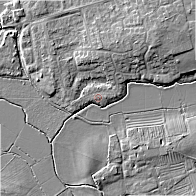 Shaded relief map of the ground around GL208ES, computed from Environment Agency LiDAR. The ground here sits at about 13 m above sea level and falls 8 m across the surrounding 800 m. Surface water reaching this point runs off ground lying to the east, 0.5 m higher.