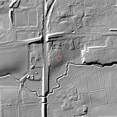 Shaded relief map of the ground around GL208FL, computed from Environment Agency LiDAR. The ground here sits at about 19 m above sea level and falls 13 m across the surrounding 800 m. Surface water reaching this point runs off ground lying to the north-west, 1.9 m higher.
